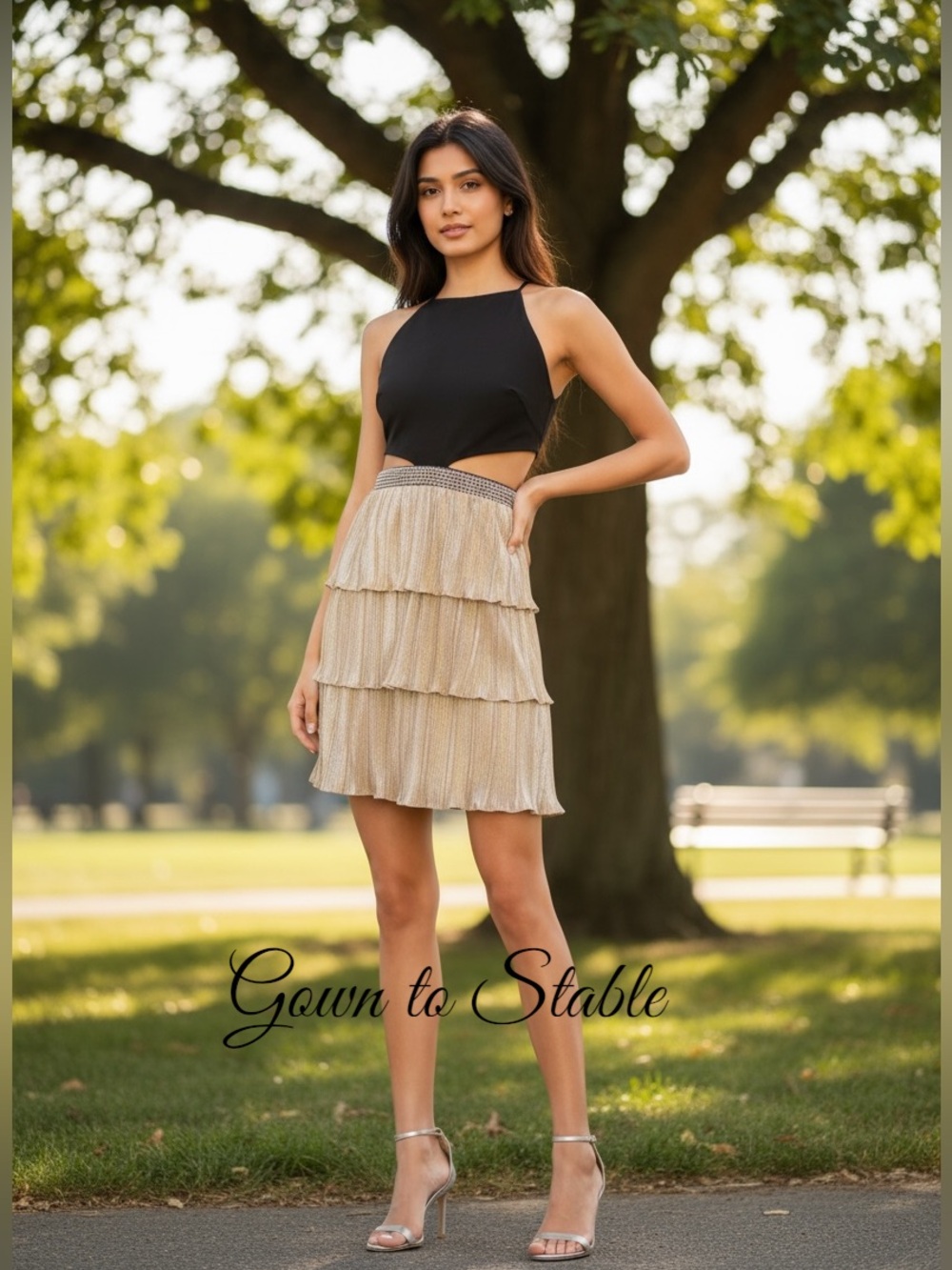 Ienna for Mac Duggal Metallic Pleated Cutout Cocktail Dress